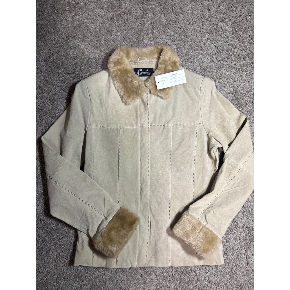 Cavalini Tan Leather Jacket Faux Fur Trim Suede Finish Small NWT Vintage